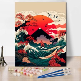Japan Mountain Adults' Paint-by-Number Kits Sea Waves Paint by Numbers Japanese Retro Beginner with Painting Brush and Acrylic Pigment Painting for Home Room Decor Gift 16x20 Inch (Frameless)