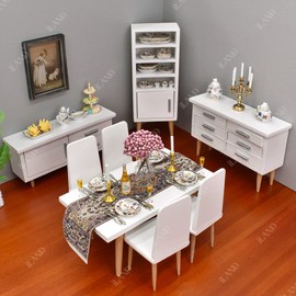 iLAND Dollhouse Furniture on 1/12 Scale of Dining-Room, Wooden Doll House Furniture Miniature of Table Chair & Cabinet (Modern Miniature Furniture 8pcs)