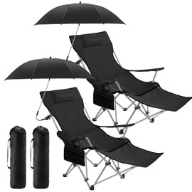 Yuntau 2 Set Reclining Camping Chair with Umbrella for Adult Folding Camping Chair with Foot Rest Adjustable Clamp Canopy Shade, SPF 50+, Lounger for Outdoor Spring Summer Travel (Black,Oxford)