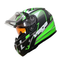 Vega V-Star Snowmobile Helmet with Electric Heated Shield & Amber dropdown shield, Green Evoluition, Large