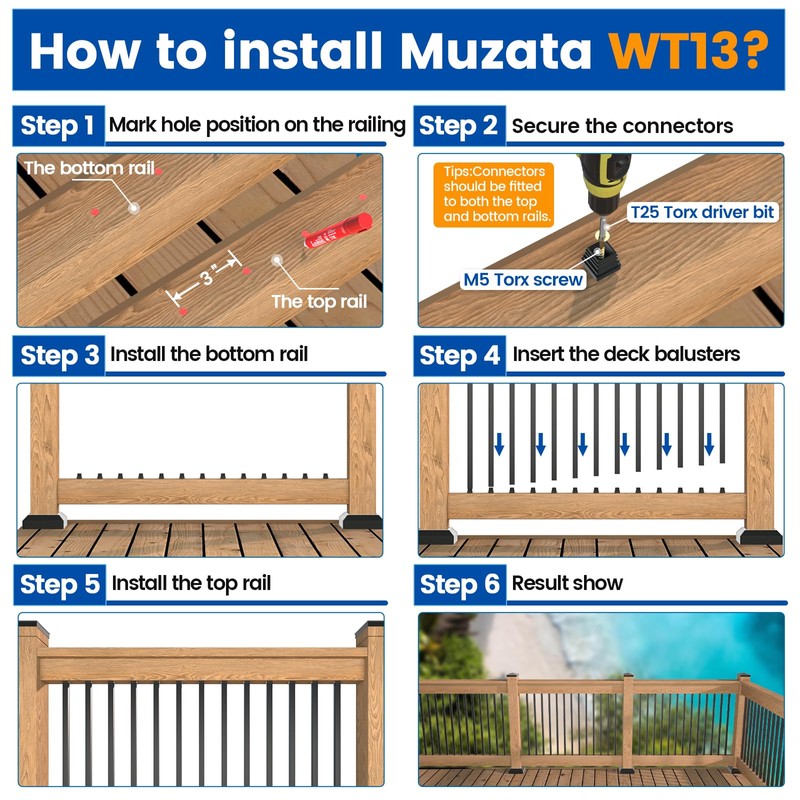Muzata 50Pack 36" Aluminum Deck Railing Balusters Square Black Stair