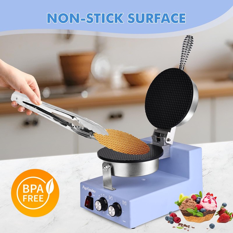 Popfoodex Commercial Waffle Cone Maker - 1200W Commercial Ice Cream