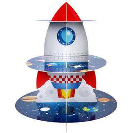 Space Cupcake Holder, Rocket Theme Birthday 3 Tier Cardboard Cupcake Stand, Galaxy Style Dessert Tower Display for Party Supplies Decoration