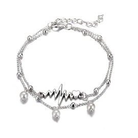Clataly Double Layer Electrocardiogram Anklet Bracelets Silver Heartbeat Pearl Anklets Adjustable Foot Chain Beach Summer Jewelry for Women