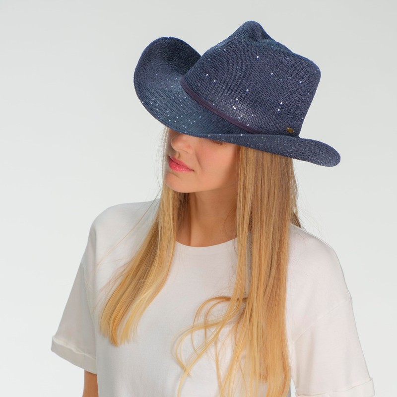 C.C Sparkly Sequin Cowboy Hat with Suede String Trim, Navy