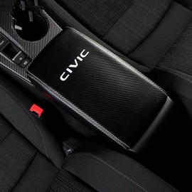 BOLTRY Center Console Armrest Box Cover for Honda Civic 2022 Panel Trim Waterproof Anti-Scratch Leather Protector Decoration Cover Interior Accessories (Black Leather + Carbon Fiber Pattern)