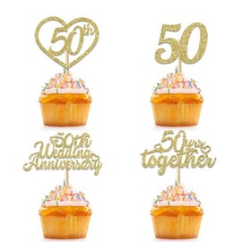 24Pcs 50th Wedding Anniversary Cupcake Toppers Gold Glitter 50th Golden Heart Cupcake Picks for Celebration 50 Golden Wedding Anniversary Party Supplies