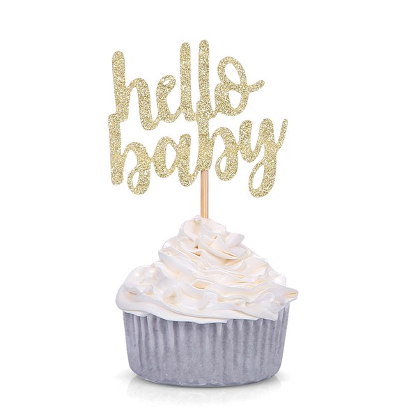 Giuffi 24 CT Gold Glitter Hello Baby Cupcake Toppers Baby Shower Party Decors