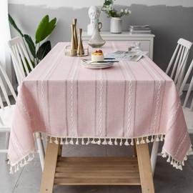 Wondder Cotton Linen Table Cloth Tassel Tablecloth for Party Banquet Dining Table Cover (Pink striped hollow, 140x140cm(55x55inch))