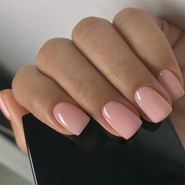 Pink Press on Nails Short Square Fake Nails Light Pink False Nails with Designs Nude Acrylic Nails Glossy Full Cover Glue on Nails Cute Artificial Stick on Nails for Women Nails Manicure 24pcs