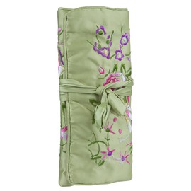 Nupuyai Embroidery Travel Jewelry Roll, Flower Bird Embroidered Jewelry Bag Roll Up Jewelry Necklace Bracelet Earrings Ring Bag Brocade Organizer, Light Green