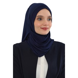Aisha's Design Jersey Shawl Instant Combed Cotton Shawl for Women Cotton Modesty Instant Turban Cap Hat Head Wrap Ready to Wear Scarf, Navy Blue