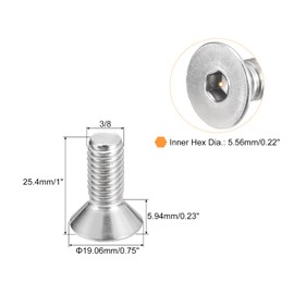 QUARKZMAN Pack of 5 3/8-16 x 1 Inch Flat Countersunk Socket Cap Screws 304 Stainless Steel Hexagonal Socket Flat Head Screws Full Thread Countersunk Bolts