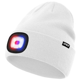 ATNKE LED Lighted Beanie Hat,USB Rechargeable 4 LED Red and Blue Flashing Running Headlamp Cap Gifts for Men and Women/#White