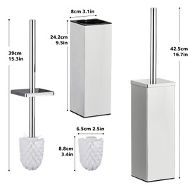 ALFKET Toilet Brushes and Holder, Stainless Steel Toilet Brush Including Holder and Splash Guard Including Toilet Brush Square Brush Set Freestanding with Extra Replacement Head 8 x 8 x 42.5 cm,