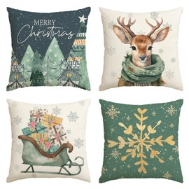 Artoid Mode Gifts Deer Trees Sleigh Snowflakes Christmas Cushion Covers Set of 4, 40x40 cm Xmas Decorative Pillow Case Cover Sofa Living Room Decor