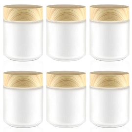 DMuuuDM 6.7oz Frosted Glass Jars - 6 Pack Empty Round Glass jar with Plastic Imitation Wood Grain Lids,Refillable Containers for Spice,Lotion,Cream Body Butter Oil Salves Ointments,Candle Making
