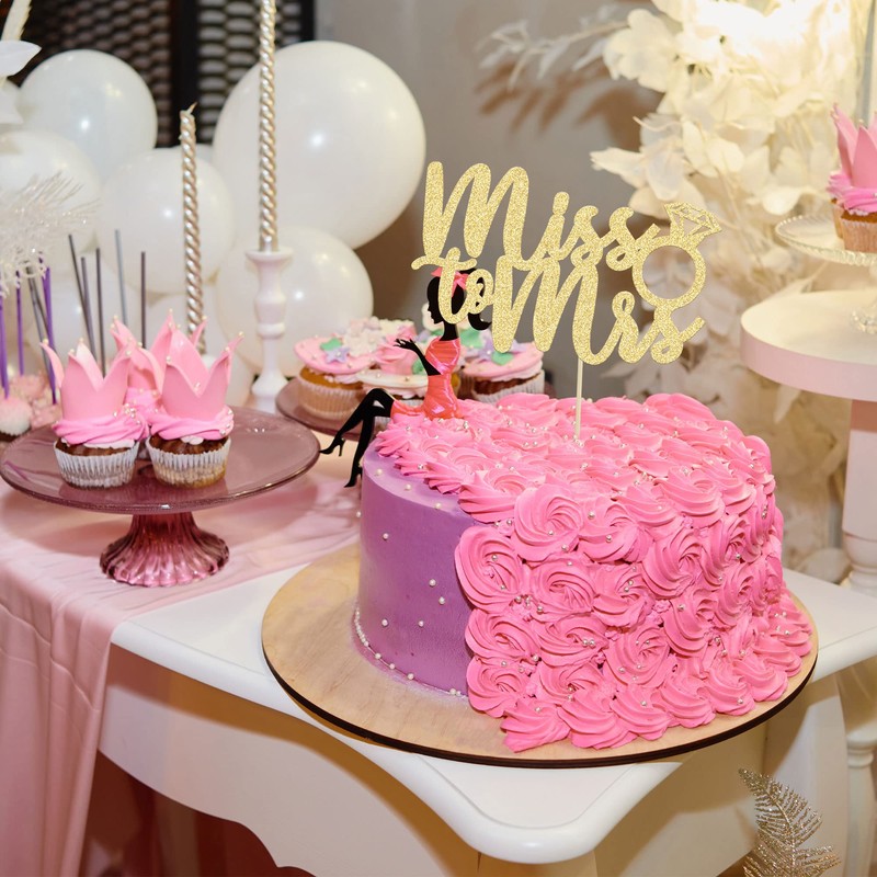 1 decoración para tarta de Miss to Mrs con purpurina