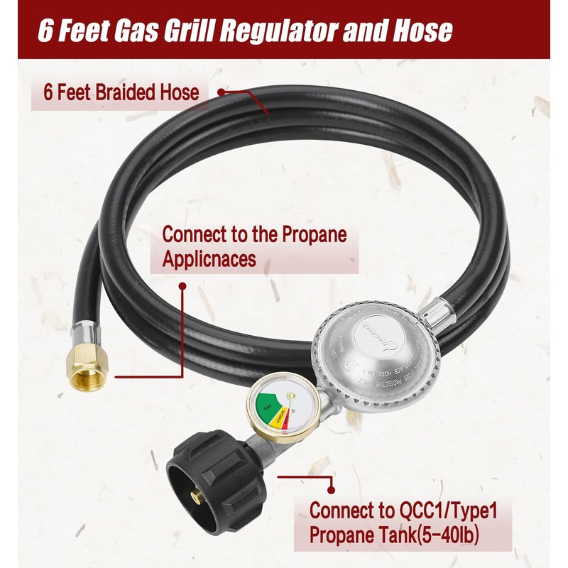 CALPOSE 6 Feet Propane Hose with Regulator & Gauge, Universal