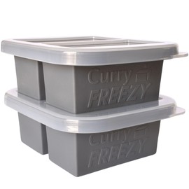 CURRY FREEZY 1Cup Silicone Freezer Tray With Stackable Lid (2-Pack)- Compact 2 cavity Soup Cube Freezing Molds, Food Container to Freeze, Store Soup, Sauce, Broth, Leftovers & Meal Prep 2Gray