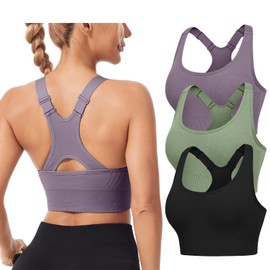 HANERDUN Sports Bra Strong Hold Women's Adjustable Straps Yoga Bra with Padded Seamless Without Underwire Wide Straps Racerback for Fitness Running Jogging, 3 Pieces- (Black+Purple+Green)