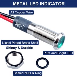 DMWD 5 Pcs 12V-24V 6mm LED Indicator Light Mounting Hole 1/4" 20mA Energy Saving Metal Signal Lamp Waterproof IP67 with 15cm/5.9in. Wire for Car Truck Boat (Green LED)