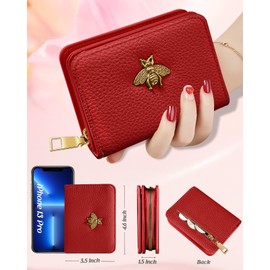 Bistup Credit Card Holder Wallet for Women Cute Leather Ladies Teen Girls Female Cardholder Wallets Accordion Purse Small Medium Aesthetic Print Red Unique Modern Design Rfid Zipper Around