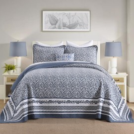 QuiltMuse 100% Cotton Bedspread King Size 120"x120" - Lightweight Oversized King Quilt with 2 Pillowshams, Reversible Farmhouse Printed Botanical King Quilted Bedding Coverlet, 3 Pieces, White/Blue