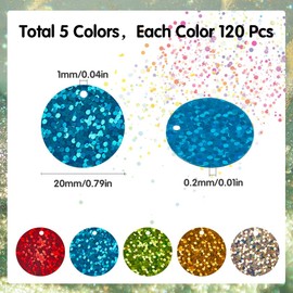 SUNNYCLUE 600Pcs 5 Colors Round Sequins Flat Sequin Paillettes 20mm Plastic PVC Colorful Iridescent Applique Art Glitters Hole Loose Paillette for Sewing Crafting DIY Embroidery Ornaments Accessories