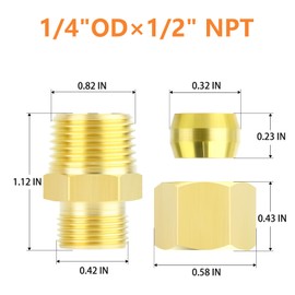 GASHER 5PCS Brass Compression Tube Pipe Fitting Connector, Straight Coupling Adapter 1/4" Tube OD x 1/2" NPT Male Connector