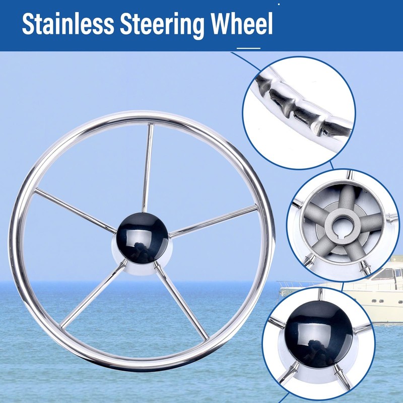 Amarine-made13-1/2 Inch 5-Spoke Destroyer Style Stainless Boat Steering Wheel