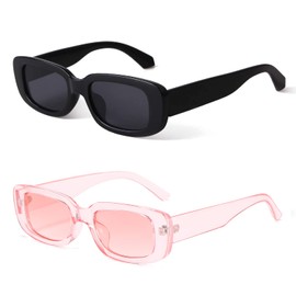 BUTABY Rectangle Sunglasses for Women Retro Driving Glasses 90’s Vintage Fashion Narrow Square Frame UV400 Protection, Black Frame Grey Lens+pink Frame Pink Lens, Medium
