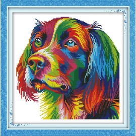 CaptainCrafts Cross Stitch Kits for Adults Dog Stamped Cross Stitch Preprinted Fabric Cross Stitch DMC DIY Art Embroidery Kits (Preprinted 11CT, Rainbow Dog)