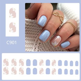 24Pcs Short Press on Nails Square Fake Nails Nude Glossy False Nails Full Cover Blue Glue on Nails with Design Spring Flower Stick on Nails Reusable Artificial Nails for Women Manicure Decorations
