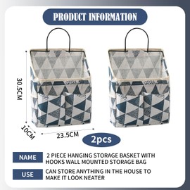 PLATEYTR 2 Piece Hanging Storage Basket with Hooks Wall Mounted Storage Bag, Hanging Storage Space, Stylish Hanging Bag with Side Mesh Pocket for Bedroom Bathroom Kitchen Fabric Storage Bag