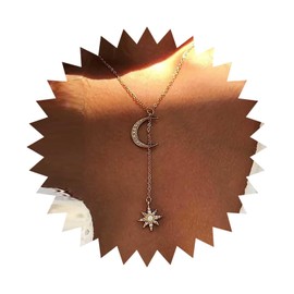 Allereyae Boho Crystal Star Y Lariat Necklace Gold Star Y Necklace Cz Moon Choker Necklace Rhinestone Moon Necklace Long Star Drop Necklace Jewelry for Women