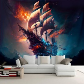 Arsey Ghost Pirate Ship Tapestry Sea Landscape Wall Cloth Ocean Sailboat Wall Rugs Psychedelic Aesthetic Decoration Bedroom Living Room Party Decoration Large Size 230 x 180 cm