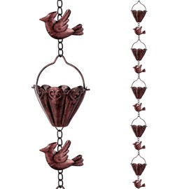 Qipade 9.3 FT Rain Chain, Metal Rain Gutter Chains with 12 Cups & Detachable Hummingbird Decor, Adjustable Rain Catcher Chain with Bell for Outdoor Decor, Replacement for Downspout