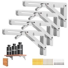 4 Pcs Folding Shelf Brackets, 18 Inch Shelf Brackets Heavy Duty Collapsible Triangle Stainless Steel L Brackets for Wood Shelves, Max. Load 450 lb, DIY Wall Mounted Space Saving for Bench Table, White