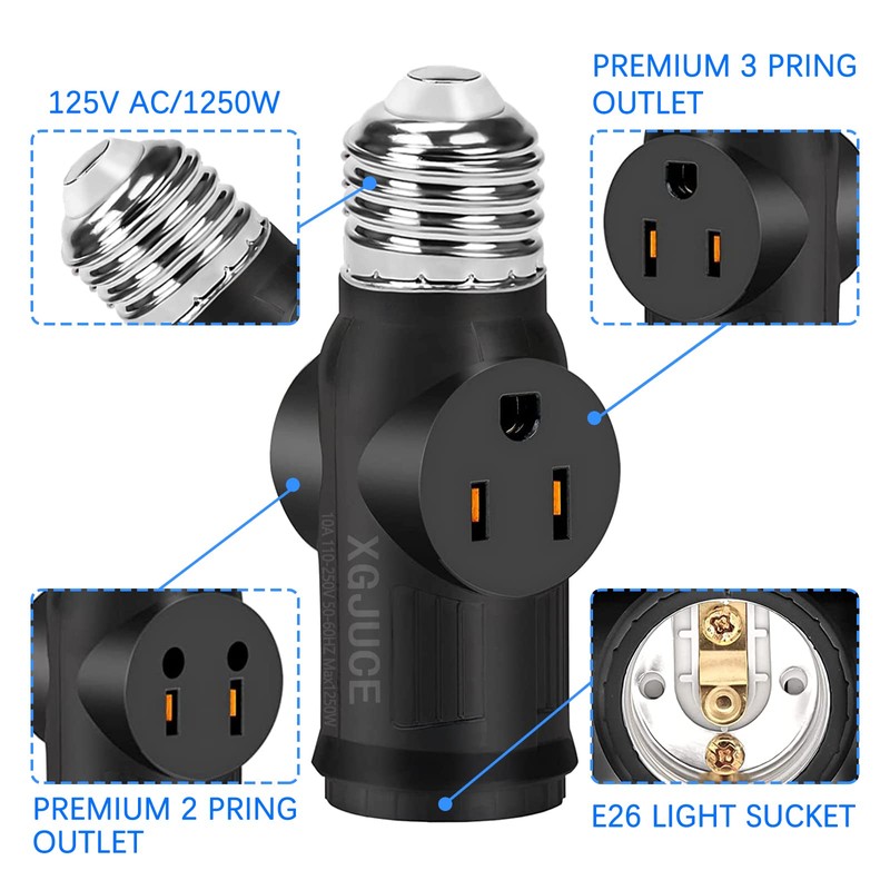 3 Prong Light Socket to Plug Adapter,E26 Outdoor Light with