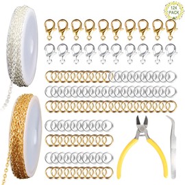 124Pcs Chains for Jewellery Making Kit Silver Plated Necklace Jump Rings DIY Jewellery Necklace Chains 2 mm Jewelry Making Chains with 100Pcs Jump Rings 20 Pcs Lobster Clasps Gold and Silver (5m)