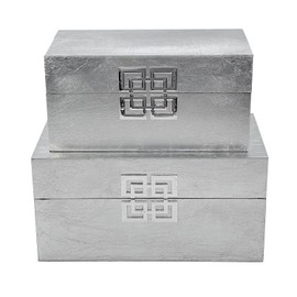 Galt International Storage Box Set Decorative Storage Box w/Hinged Lid Classic Design Wood Decor Boxes with Geometric Clasp Storage for Bedroom & Home - Set of 2 (Silver)