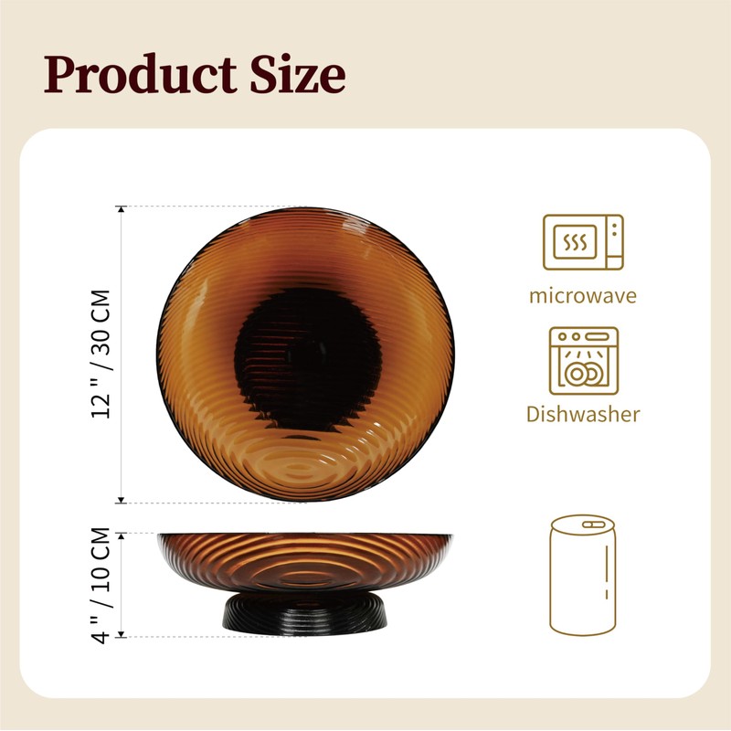 seicasaya 12” Ribbed Pedestal Decorative Bowl - Elegant Glass Centerpiece