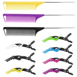 Rat Tail Combs With Clips，10Pcs Rat Tail Combs Set，3Pcs Steel Pin Rat Tail Teasing Combs and 7Pcs Alligator Styling Sectioning Clips,Hair Parting Comb for Women,Salon Home Stylist Braiding Comb Set( B Style)