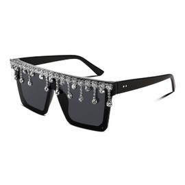 FEISEDY Oversized Square Trendy Sunglasses Womens Crystal Tassels Sparkling Shades Flat Top Visor B2976