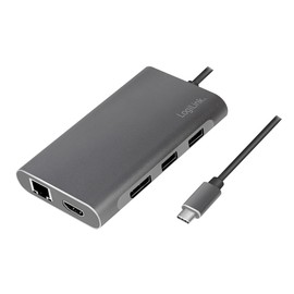 LogiLink UA0382 - USB 3.2 (Gen 1) Docking Station with 8 Ports and PD (Power Delivery) 100 W, 1 x USB-C (PD) / 2 x USB 3.0 / 2 x USB 2.0 / 1 x HDMI / 1 x DisplayPort / 1 x RJ45 / Silver