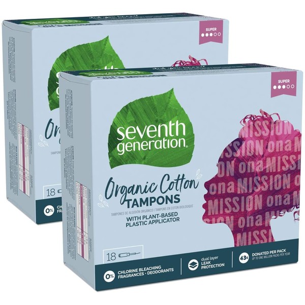 Seventh Generation Organic Cotton Tampons with Comfort Applicator Super Absorbency, White, 36 Count