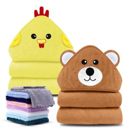 Cute Castle 2 Pack Hooded Baby Towel Rayon Made from Bamboo with 8 Washcloths - Soft Bath Towel for Bathtub for Babie, Newborn, Infant, Natural Baby Stuff Towel (Bear and Chicken)