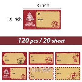 120pcs Christmas Gift Name Tags Stickers Large Adhesive Labels to from Christmas Vintage Kraft Labels Stick on Presents Brown Red