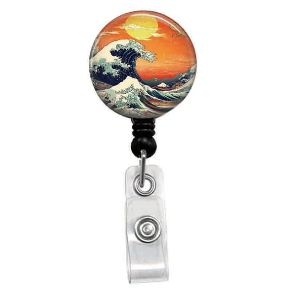 Wave Illustration Retractable ID Card Badge Holder with Alligator Clip,